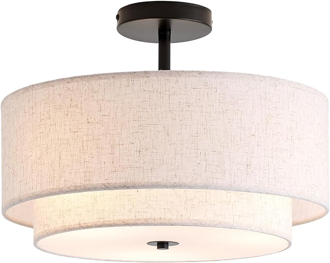 CALOKES 16" Double Drum 3-Light Semi Flush Mount Ceiling Light, Classic Fabric Linen Shade Design for Living Room, Bedroom, Kitchen, Dining Room, Hallway and Entryway