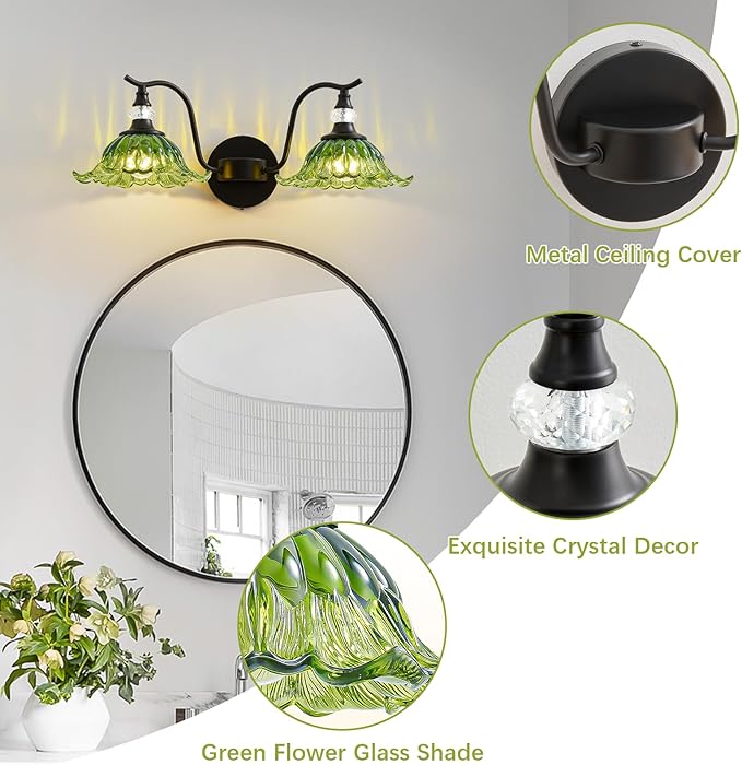 Vintage Bathroom Vanity Light Fixtures - 2 Light Antique Matte Black Bathroom Lights Fixture Over Mirror with Green Flower Glass,Retro High End Wall-Mounted Vanity Lighting for Bath Powder Room