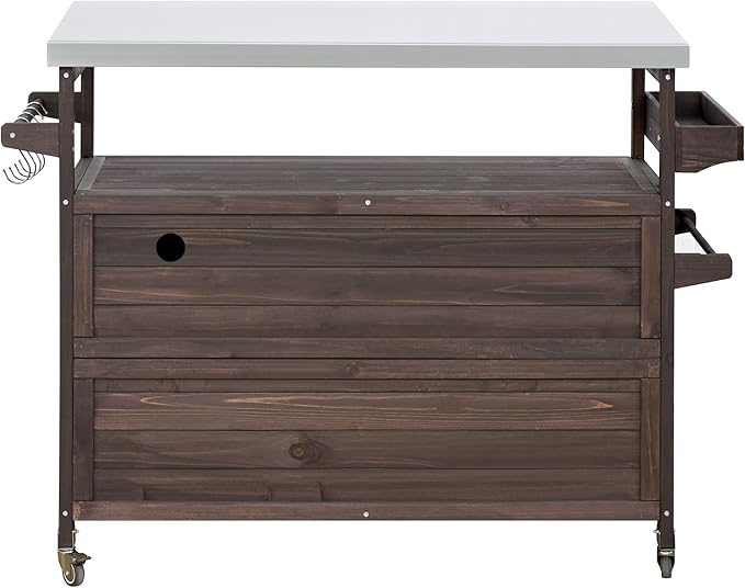 50.25" Kitchen Island Rolling Bar Cart & Storage Cabinet, Farmhouse Solid Wood Outdoor Grill Table with Stainless Steel Top and Spice, Towel Rack for BBQ,Dark Brown