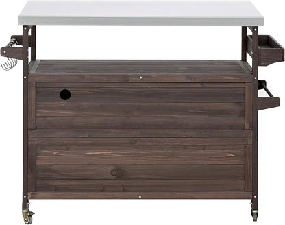 50.25" Kitchen Island Rolling Bar Cart & Storage Cabinet, Farmhouse Solid Wood Outdoor Grill Table with Stainless Steel Top and Spice, Towel Rack for BBQ,Dark Brown