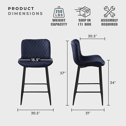 Lexicon Counter Stools Set of 2 - Counter Height Stools for Kitchen Table, Solid Padded Back, Black Metal Finish and Blue Velvet Cushion Seat, 24''SH