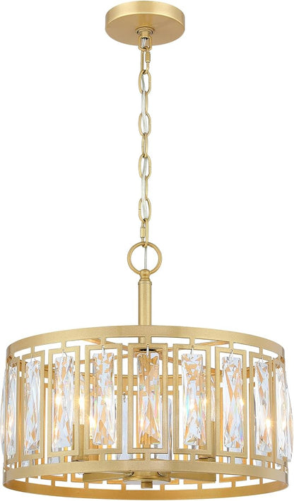 Gold Crystal Chandelier, 4-Light Semi Flush Mount Chandelier Crystal Entry Way Light Fixture Gold Dining Room Light Fixtures Adjustable Height Hanging Pendant Light for Bedroom Living Room
