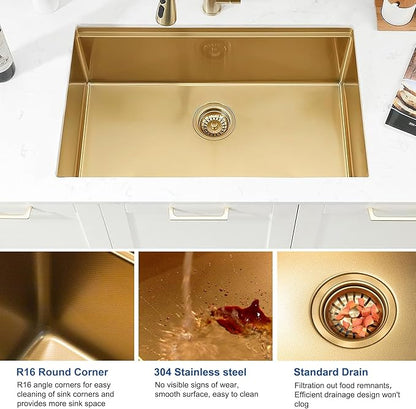 Gold Kitchen Sink, Single Bowl Drop in 32” x 18” Stainless Steel Gold Handmade Deep Kitchen Sink with Cutting Board and Drain Strainer