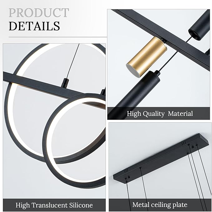 Modern Black LED Dining Room Light Fixture with Remote Control, 47" 36W 3-Color Temp Stepless Dimmable Island Pendant Lights, Hanging Adjustable Linear Chandelier for Kitchen Bar