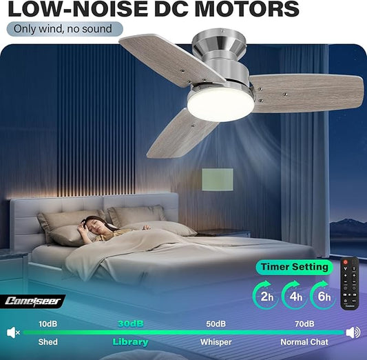 42 Inch Ceiling Fans with Lights and Remote, Bedroom Living Room Office, Flush Mount, 3CCT Dimmable, Dual Color 3 Blades 6 Speed Reversible Quiet DC Motor, Chrome-Plated/Wood Grain, 2 Pack