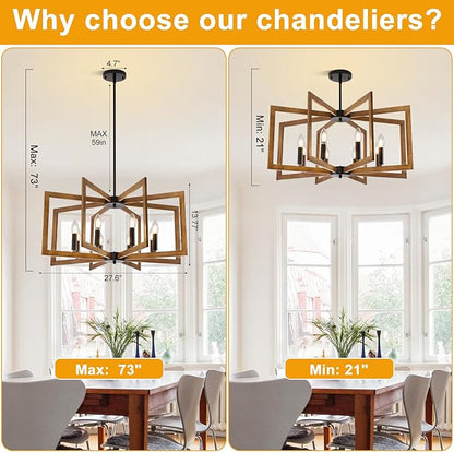 27.6" Farmhouse Chandelier, 8-Light Geometric Dining Room Light Fixture Over Table, Modern Kitchen Island Lighting, Industrial Metal Hanging Pendant Lights for Foyer, Hallway, Entryway(Wood Grain)