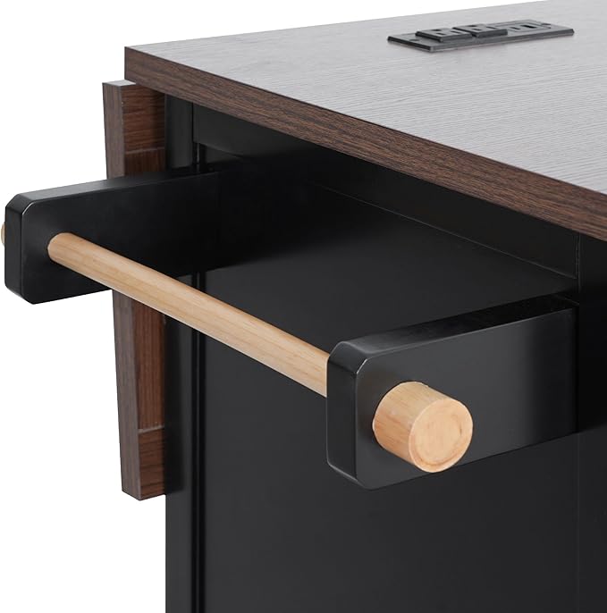 RUNNA 54.9" Kitchen Island with Drop Leaf,Power Outlet,Storage Cart with 4 Door Shelves,Cross Barn Doors & Visual Glass Door,Rolling on 4 Wheels,Dining Room (Black#77)