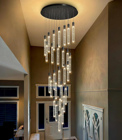 HAIXIANG 14.5 Foot High Ceiling Chandelier for Entryway Modern Crystal Lights for Living Room Foyer Flush Mount Sloping Ceiling Pendant Light Fixture Remote Dimmable 28-Lights Black