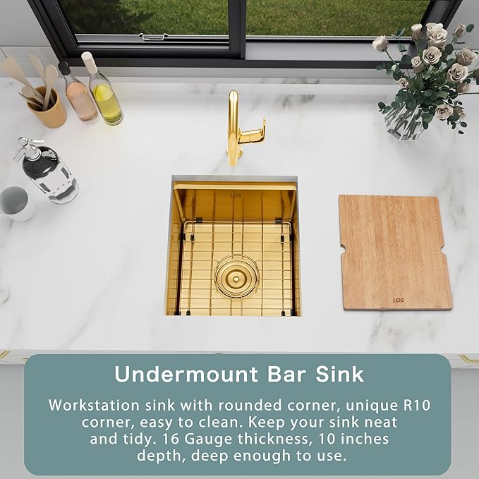 LQS Gold Undermount Bar Sink, Gold Wet Bar Sink and Deep Kitchen Sink 15" x 17" RV Sink, 16 Gauge Stainless Steel Kitchen Sink with Brushed Finish For RV, Laundry, Outdoor and Prep Use, 10" Depth