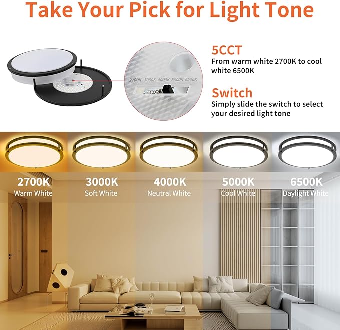 13Inch 36W Ceiling Light Fixture, 5CCT Adjustable 2700K 3000K 4000K 5000K 6500KLED Flush Mount Ceiling Mount Light, Dimmable Close to Ceiling Lighting for Bathroom Kitchen Stairwell Bedroom, Black