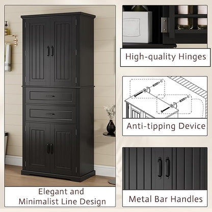 Merax 72.5" Tall Kitchen Pantry Storage Cabinet, Farmhouse Freestanding Large Cupboard with Two Drawers, Bathroom Cabinet with Adjustable Shelves, 6 Door-Shelf for Dining Room, Black