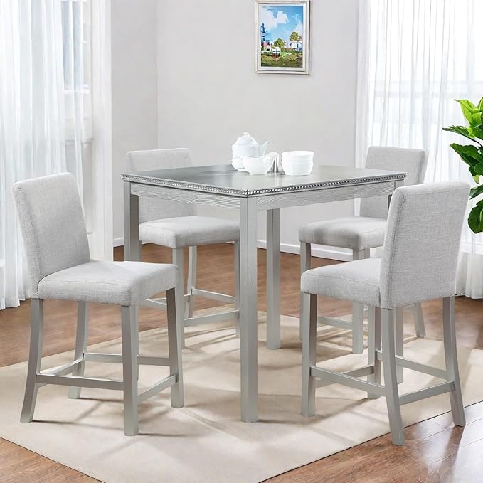 Dining Table Set for 4, 5-Piece Dining Room Table Set with Square Crystal Decoration Table & 4 Upholstered Backrest Chairs, Counter Height Kitchen Sets with Wood Grain & Footrest, Silver Gray