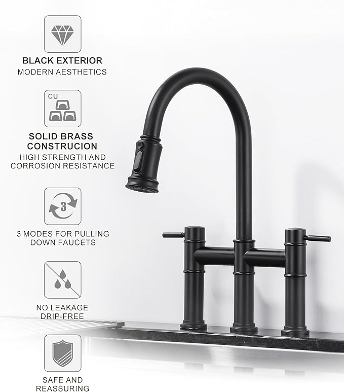 Bridge Faucet for Kitchen Sink: iVIGA Black Farmhouse 3 Hole Kitchen Faucet with Pull Down Sprayer (3 Spray Modes) - 2 Handle High Arc Brass Faucet with 360° Swivel, with Supply Lines