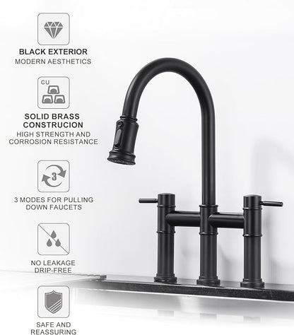 Bridge Faucet for Kitchen Sink: iVIGA Black Farmhouse 3 Hole Kitchen Faucet with Pull Down Sprayer (3 Spray Modes) - 2 Handle High Arc Brass Faucet with 360° Swivel, with Supply Lines