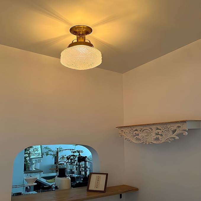 Bofea-Gold Semi Flush Mount Ceiling Light,Brass Vintage Flush Mounted Ceiling Lighting with Milk White Glass Shade, Mid-Century Style Ceiling Light Fixture for Hallway Foyer Loft Bathroom Bedroom. (B)