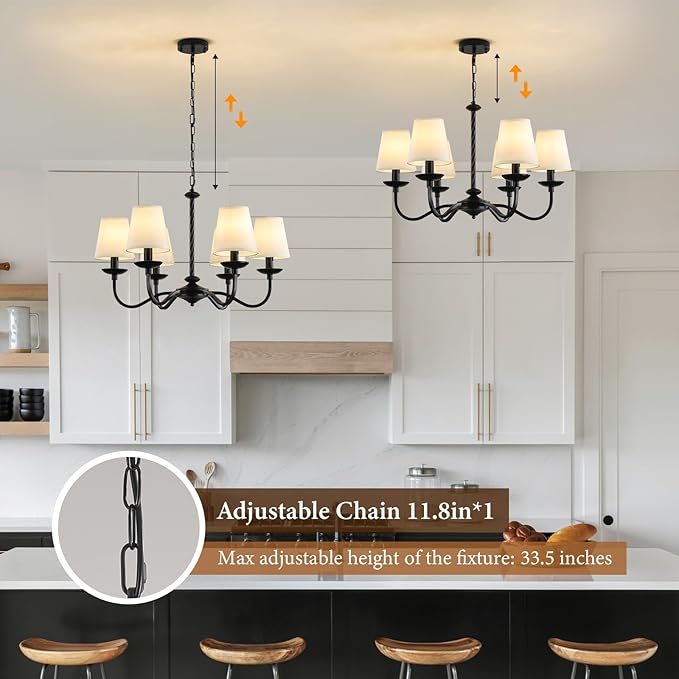 6-Light Black Farmhouse Chandelier, Modern Dining Room Light Fixture with White Fabric Shade，Kitchen Island Pendant Light Fixture for Bedroom Living Room