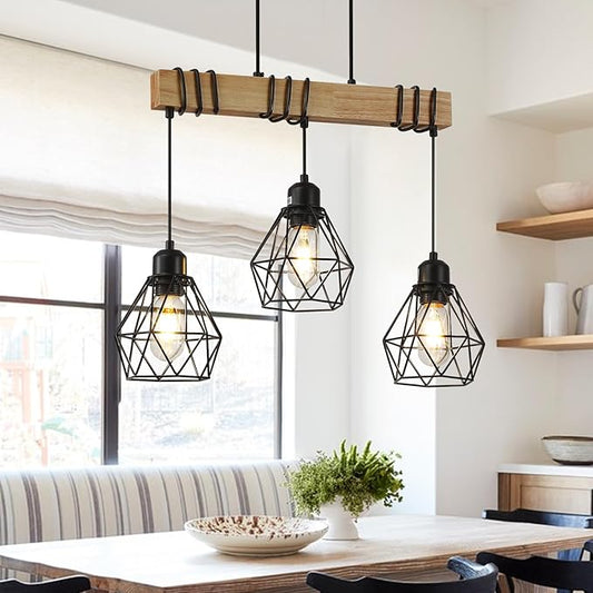 20" Farmhouse Kitchen Light Fixture, Black Hanging Kitchen Chandelier, 3-Light Rustic Dining Room Light Adjustable Height with Wood and Metal Frame, Suit for Farmhouse, Industrial Style