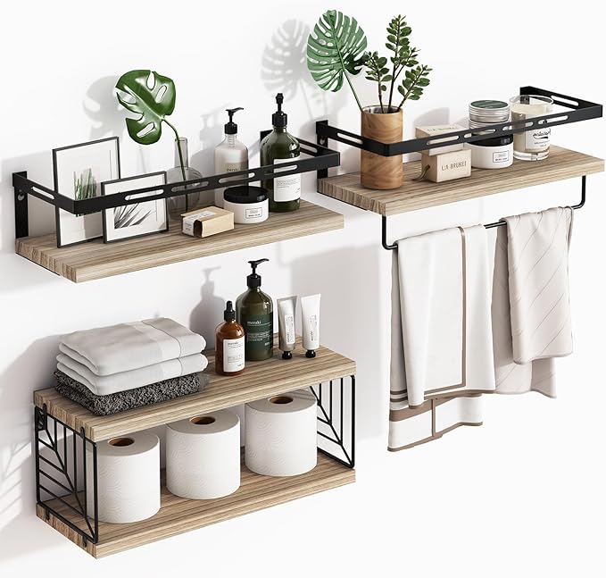 Fixwal Bathroom Shelves Over Toilet, Floating Shelves Wall Mounted with Metal Frame and Towel Bar for Bathroom, Kitchen, Bedroom, Living Room (3 Plus 1 Rustic Brown)