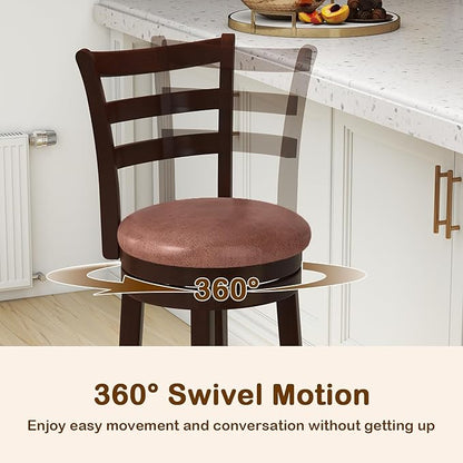 Giantex Swivel Bar Stools Set of 2, 30" Upholstered Counter Height Bar Chairs w/High Backrest, Faux Leather Seat, Solid Rubber Frame & Wrap-Around Footrest, Wooden Barstools for Kitchen Island, Pub