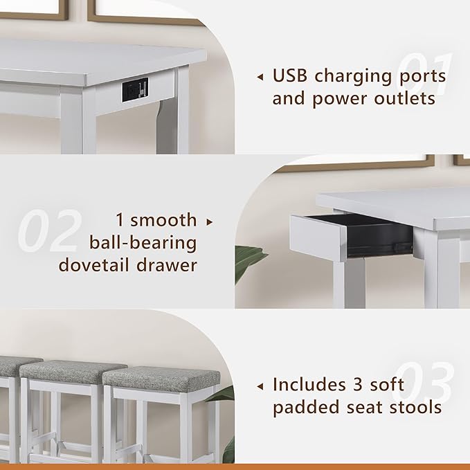 Lexicon 4-Piece Counter Height Table with 3 Stools, Wood Kitchen Counter Table Set with 2 Built-in USB Ports, 2 Charging A/C Power Outlets, Console Drawer, Upholstered Bar Stools, White