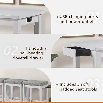 Lexicon 4-Piece Counter Height Table with 3 Stools, Wood Kitchen Counter Table Set with 2 Built-in USB Ports, 2 Charging A/C Power Outlets, Console Drawer, Upholstered Bar Stools, White