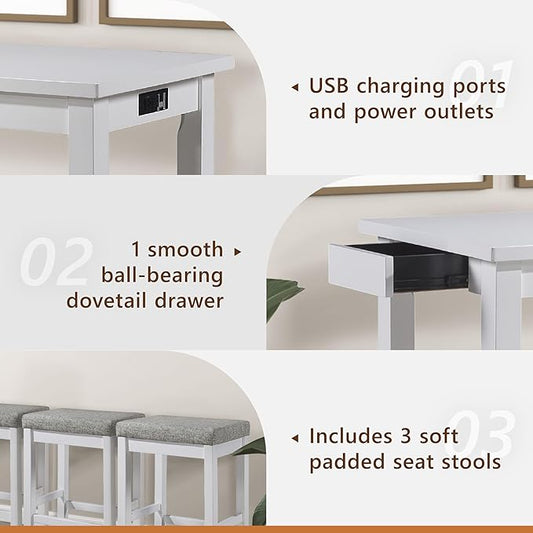 Lexicon 4-Piece Counter Height Table with 3 Stools, Wood Kitchen Counter Table Set with 2 Built-in USB Ports, 2 Charging A/C Power Outlets, Console Drawer, Upholstered Bar Stools, White