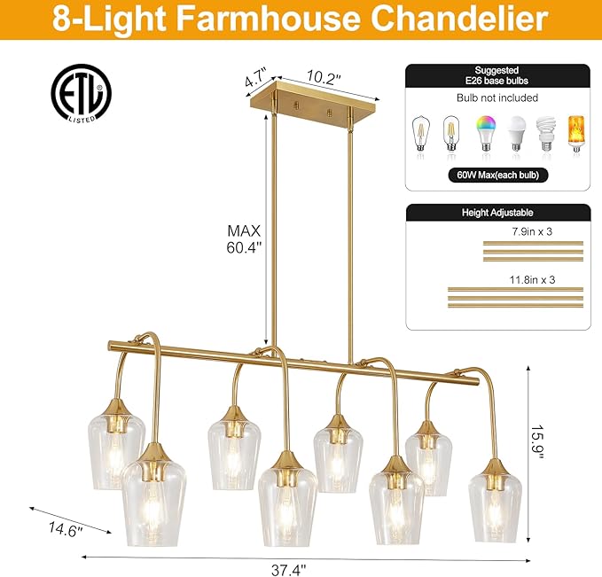 Dining Room Light Fixture/Chandelier Over Table (38inch, 8-Light), Brushed Gold Kitchen Island Lighting with Clear Glass Shade, Modern Hanging Pendant Lights Fixture for Kitchen Island, Dining Room