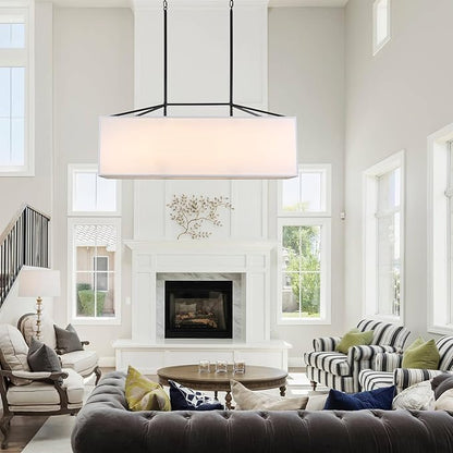 Dining Room Light Fixture Black Chandelier for Entryway 7-Light Large Linear Rectangle Island Lighting White Fabric Kitchen Pendant Light for Kitchen Bedroom Foyer Living Room