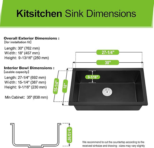 Kitsitchen 30 Inch Black Kitchen Sink, 30" x 18" Matte Black Granite Composite Kitchen Sink with Drain Assembly & Bottom Gird, 9" Undermount Kitchen Sink for Daily Life
