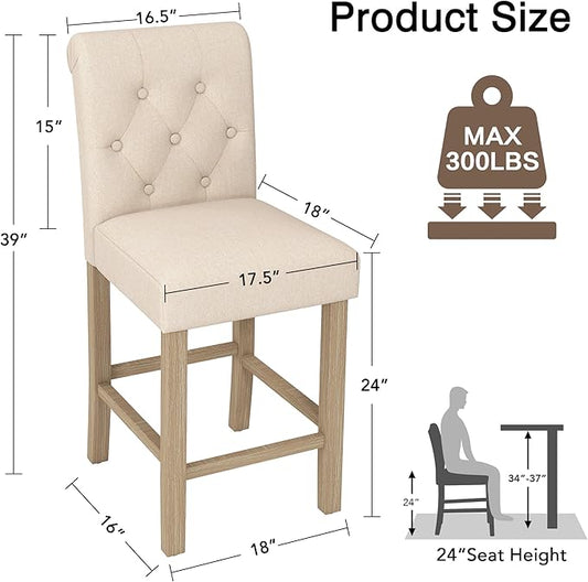 LSSBOUGHT 24 Inches Upholstered Counter Stools, Bar Stools Set of 2, Fabric Counter Stools with Back, Counter Height Bar Chairs with Solid Wood Legs for Home Kitchen Island Dining Room, (2pcs,Beige)