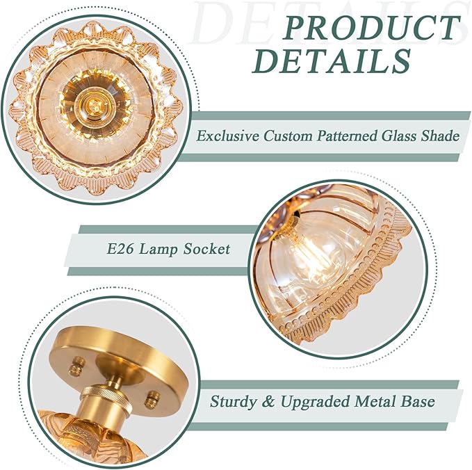 Semi Flush Mount Ceiling Light, Vintage Ceiling Light 11", Amber Shade Glass Hallway Light Fixture for Kitchen Porch Bedroom,Bulb Included
