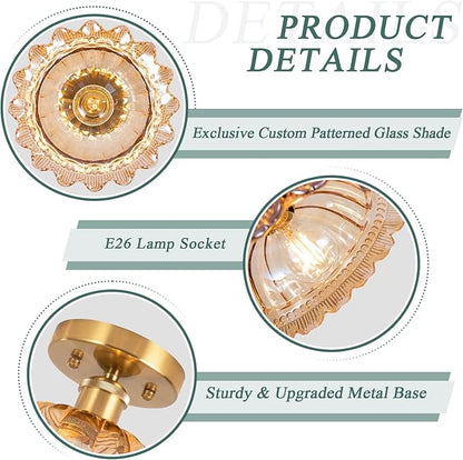 Semi Flush Mount Ceiling Light, Vintage Ceiling Light 11", Amber Shade Glass Hallway Light Fixture for Kitchen Porch Bedroom,Bulb Included