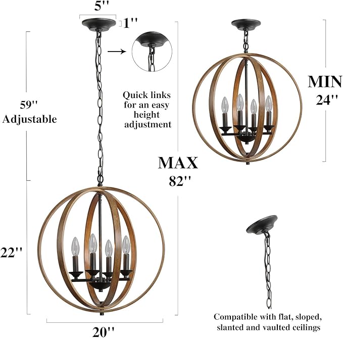 LOG BARN 20'' Farmhouse Chandelier, Faux-Wood Hanging 4-Light Fixture for Dining & Living Room, Bedroom, Foyer and Entryway