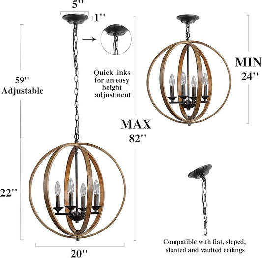 LOG BARN 20'' Farmhouse Chandelier, Faux-Wood Hanging 4-Light Fixture for Dining & Living Room, Bedroom, Foyer and Entryway