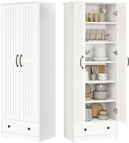 Decofy 70" Tall Storage Cabinets, Large Wood Storage Pantry Cabinet with 6 Adjustable Shelves, 2 Striped Doors & Drawer, Standing Utility Cabinet for Kitchen, Bathroom, Dining Room, Antique (White)