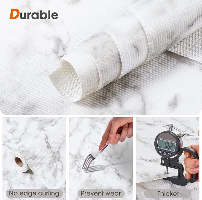 Drawer and Shelf Liner, Non-Slip Kitchen Cabinet Liners Non-Adhesive Thick Strong Grip Waterproof Washable Mats Protect Dresser Shelves Cupboard Bathroom Cabinets, White Marble, 12 in X 30 FT