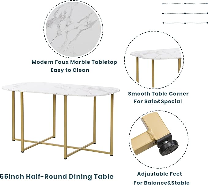 RuiSiSi Modern Dining Table Set for 6 Kitchen Table Set with 6 Dining Chairs and Faux Marble Tabletop for Kitchen, Dining Room, Small Space, Gold+White