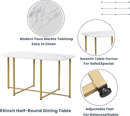 RuiSiSi Modern Dining Table Set for 6 Kitchen Table Set with 6 Dining Chairs and Faux Marble Tabletop for Kitchen, Dining Room, Small Space, Gold+White