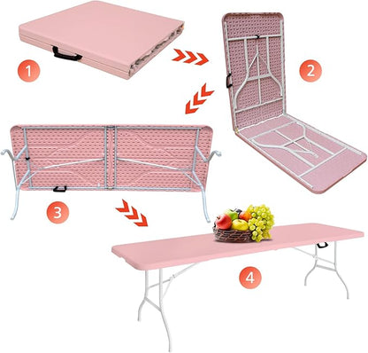 Portable 8Ft Plastic Folding Table, Heavy Duty 8ft Fold-in-Half Table with Carrying Handle, 8' Folding Utility Foldable Table for Picnic Party Camping Kitchen, Indoor/Outdoor (Pink)