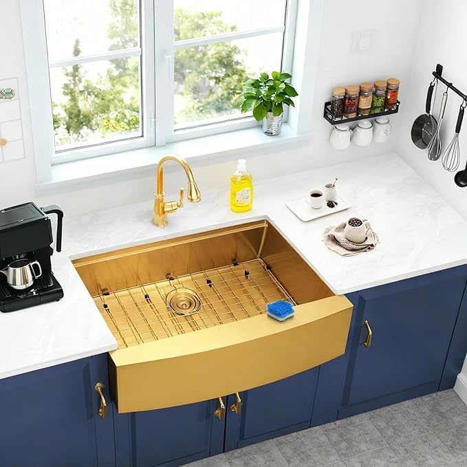 Kitsitchen 33 Inch Gold Farmhouse Sink,16 Gauge Single Bowl Workstation Stainless Steel Rustic Farmhouse Kitchen Sink,Large Apron Front Undermount Farm Kitchen Sinks with Accessories(33"x20"x10")