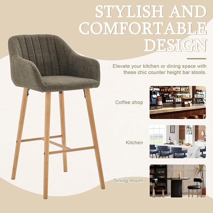 Modern Stools Set of 2, Kitchen Island Tall Chairs with Back, Arm, Footrest and Solid Wood Leg, Linen Fabric Upholstered Stools - Green