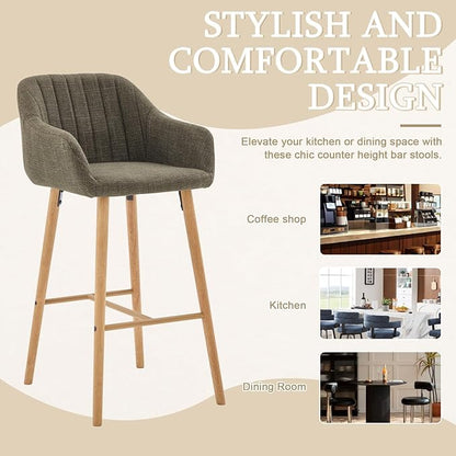 Modern Stools Set of 2, Kitchen Island Tall Chairs with Back, Arm, Footrest and Solid Wood Leg, Linen Fabric Upholstered Stools - Green