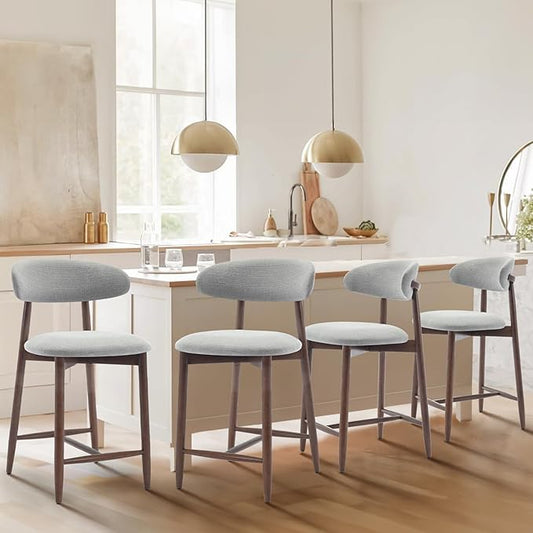 COLAMY Wood Bar Stools Set of 4, Counter Height Bar Stools, Mid Century Modern Stools with Back, 25 Inch Upholstered Wooden for Kitchen Island Dining Room Bar, Light Grey