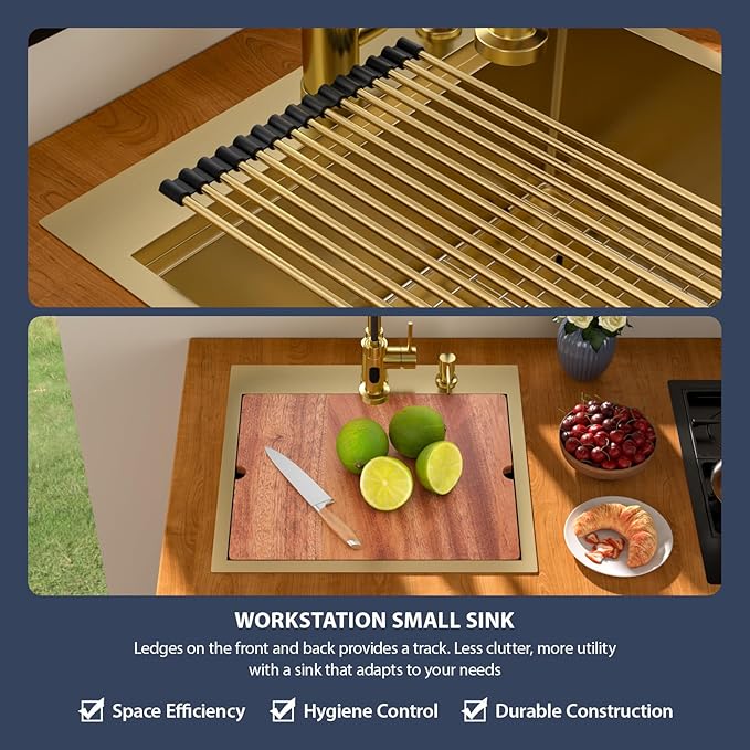 21 Outdoor Kitchen Sink Gold - Beslend 21x20 Gold Outdoor Sink Bar Sink RV Sinks Drop In, Topmount Stainless Steel Kitchen Sinks Workstation 16 Gauge Single Bowl Above Counter Indoor Outdoor