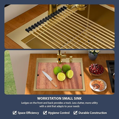21 Outdoor Kitchen Sink Gold - Beslend 21x20 Gold Outdoor Sink Bar Sink RV Sinks Drop In, Topmount Stainless Steel Kitchen Sinks Workstation 16 Gauge Single Bowl Above Counter Indoor Outdoor