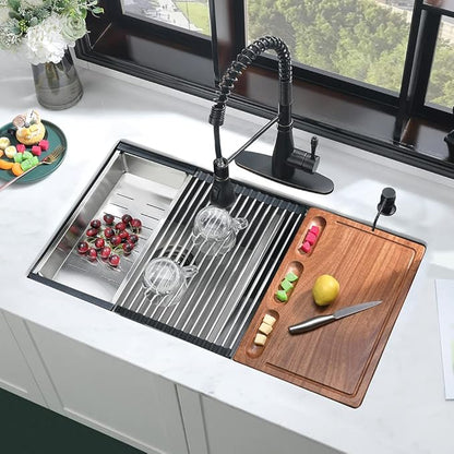 33 Inch Black Undermount Kitchen Sink Double Bowl-iAnomla 33x19 Black Stainless Steel Kitchen Sink Under Mount Workstation Sinks 16 Gauge 60/40 Low Divide Double Sinks with Cutting Board