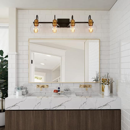 LALUZ Bathroom Vanity Light, 4-Light Black Bathroom Light Fixtures with Oil Rubbed Bronze Finish, Modern Farmhouse Vanity Lights with Clear Globe Glass Shade (L 29.5" x W 7" x H 9")