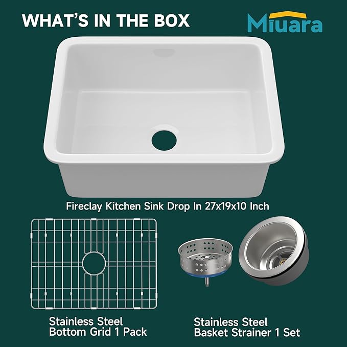 Miuara White Undermount Kitchen Sink 27 Inch - Topmount Fireclay Drop In Sink 27"x19"x10", Dual Mount Heavy Duty Deep Single Bowl, w 2 Accessories, Glossy White, for Kitchen & Laundry & Small Space