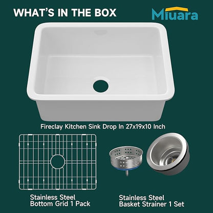 Miuara White Undermount Kitchen Sink 27 Inch - Topmount Fireclay Drop In Sink 27"x19"x10", Dual Mount Heavy Duty Deep Single Bowl, w 2 Accessories, Glossy White, for Kitchen & Laundry & Small Space