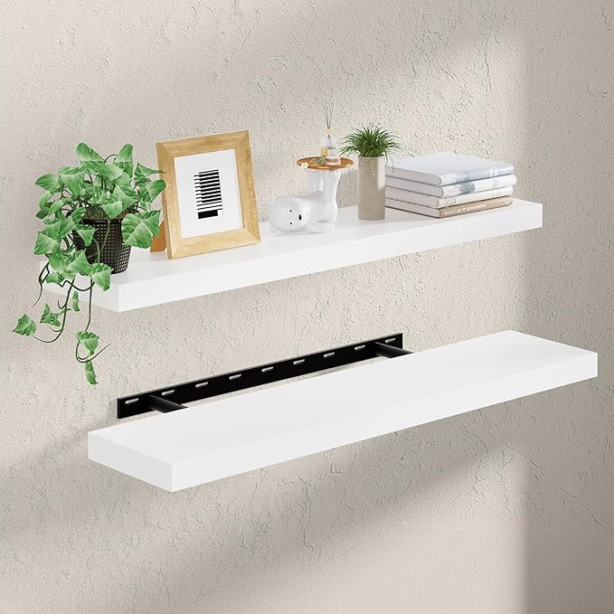 Heimlove Wooden Floating Shelves for Wall, White Pine Shelves Set of 2, 36 in Rustic Wood 8 Inch Deep Floating Shelf with Invisible Brackets for Bedroom Kitchen Living Room - Classic White